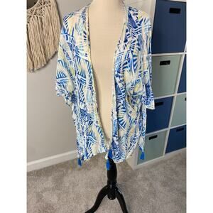 Chico's Lightweight Blue White Short-sleeved Tassel Kimono-style Wrap Shrug L/XL